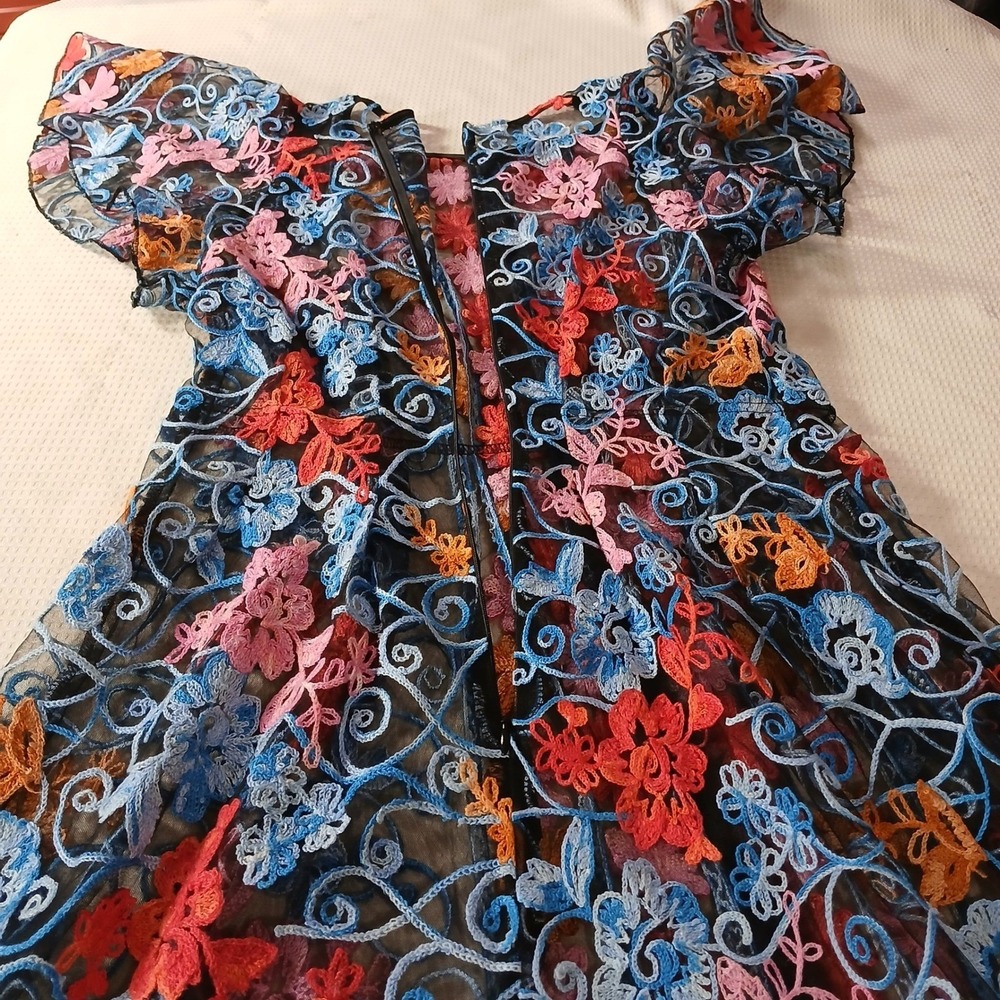 Floral Embroidered Lace Mesh Midi Dress Whimsical Fairycore Cottagecore - Picture 5 of 12